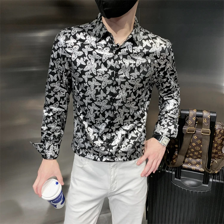 

Gzdeerax Butterflies Printed Men's Shirts Luxury Long Sleeve Nightclub Party Male Shirts Fashion Slim Fit Casual Man Shirts 4XL