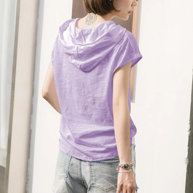 100% хлопок женские футболки с капюшоном коротким рукавом Свободные офисные