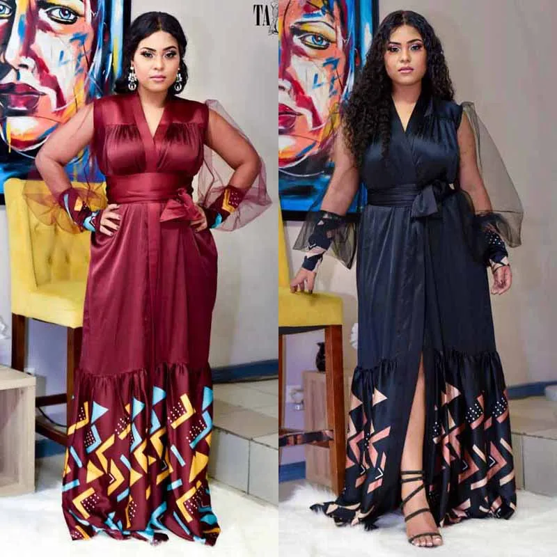 

African Dresses For Women Lace Long Sleeve Maxi Robe Patchwork Ankara Dashiki Boubou Africanos Attire Moroccan Oriental Dress