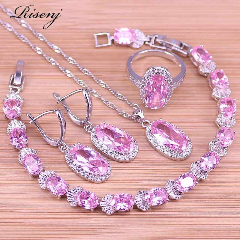 

Risenj Princess Pink Cubic Zircon 925 Sterling Silver Costume Jewelry For Women Earrings Ring Necklace Bracelet Bridal Jewelry
