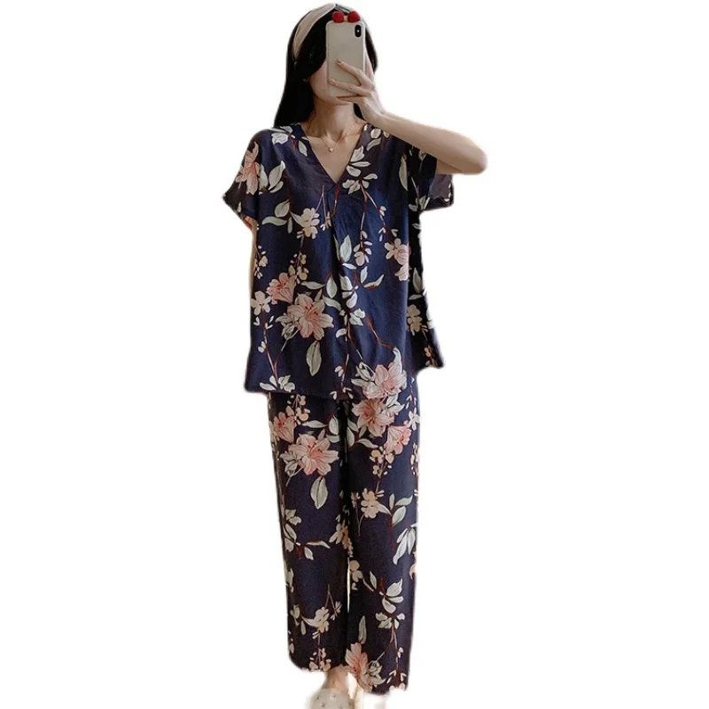 

Short Sleeve Poplin Pajamas Women's Spring and Summer Thin Internet Celebrity plus Size Artificial Cotton Home Wear Japanese