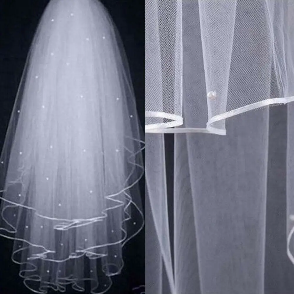 

Newly Arrivals 3 Tier White Ivory Short Wedding Veil with Comb Pearl Fingertip Veil for Bridal