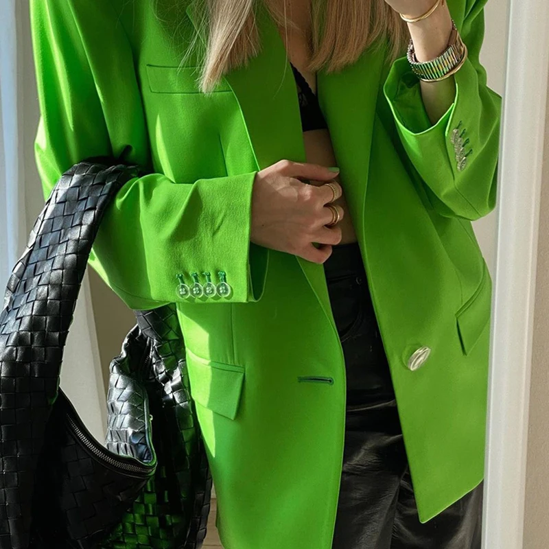 

TWOTWINSTYLE Pure Green Blazer Coat For Female Lapel Collar Long Sleeve Loose Women's Casual Coat Fashion Streetwear 2021