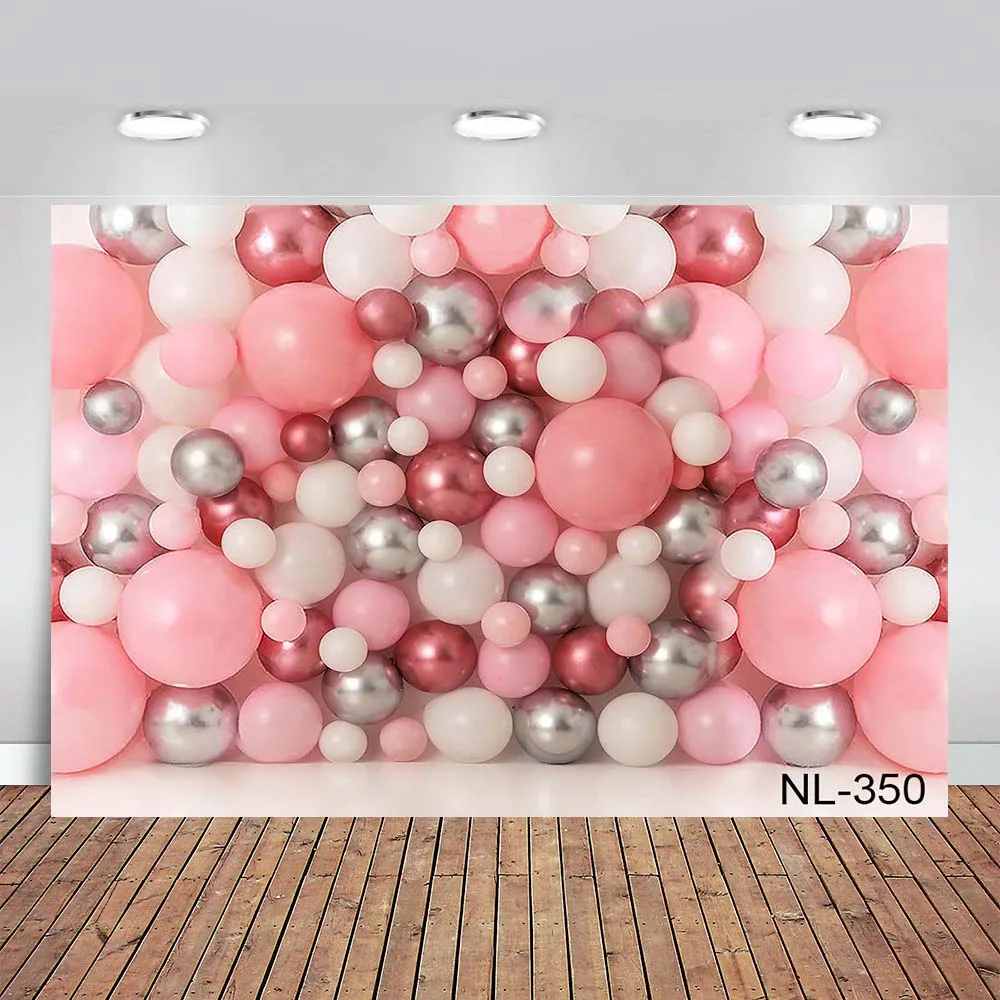 

Photography Backdrop Girl 1st Birthday Background Whole Wall of Balloons Pink Silver Cake Smash Banner Photoshoot Portrait Kid