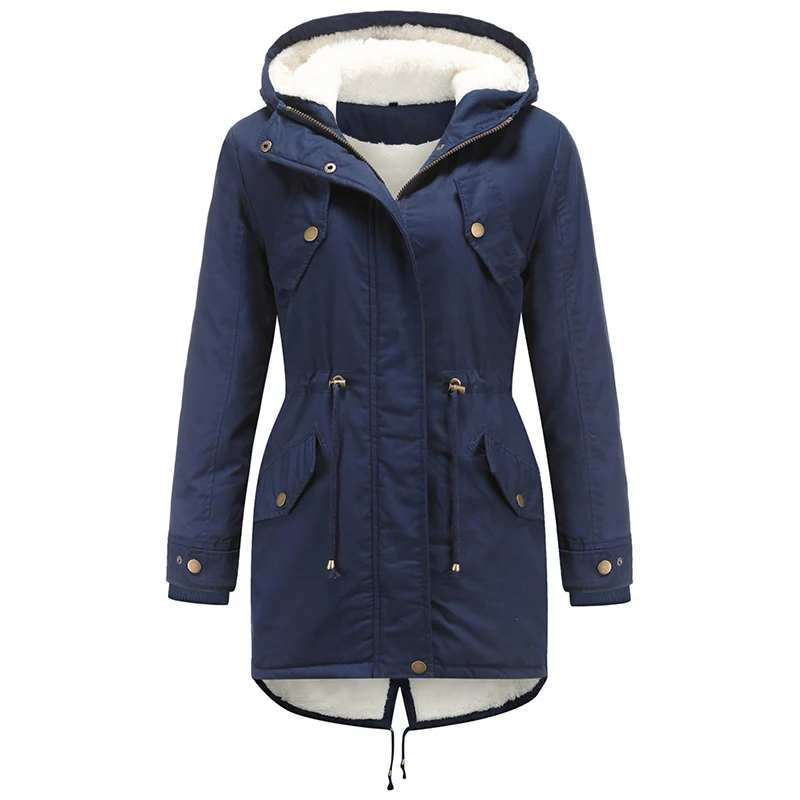 

Women Winter Coats Warm Oversize Jacket Woman Zipper Parkas Cotton Coat Solid Color Hooded Parka Thick Plush Cotton Jackets Blue