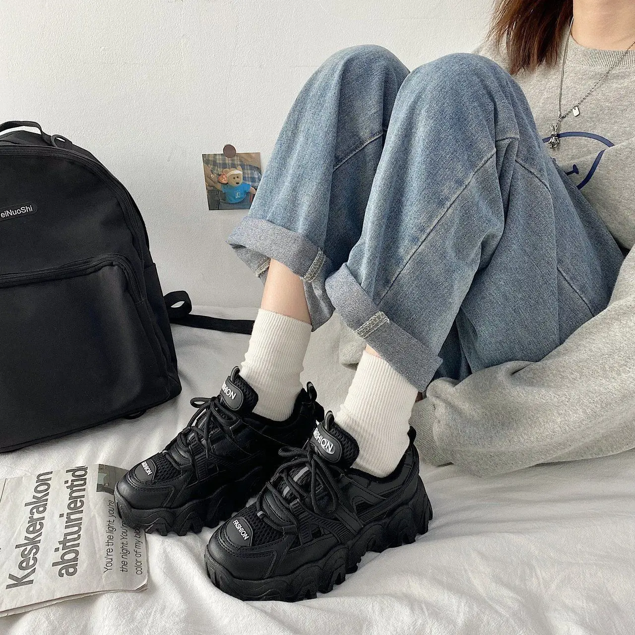

2021 Spring new Fashion Platform Increase Sneakers Female Lace-Up Mesh Casual Walking Shoes Trainers