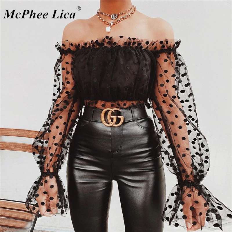 Для женщин с пышными сетчатыми рукавами Блузка Сексуальная Прозрачная кружевная