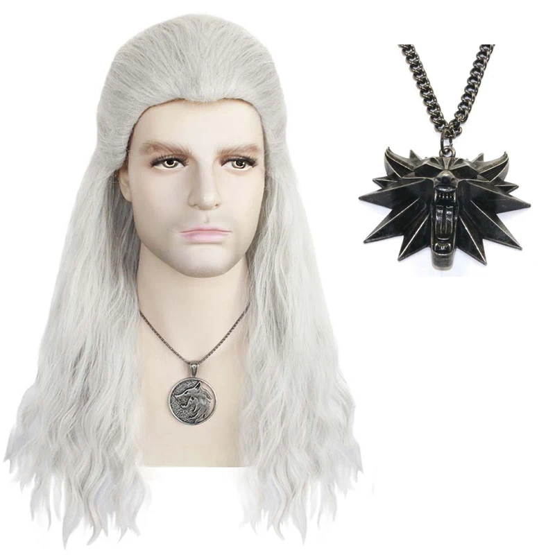 Geralt-Peluca de cabello largo con forma de onda de agua, cabellera blanca plateada con insignia, colgante de Metal, corte trasero, estilo Cosplay + gorro de peluca
