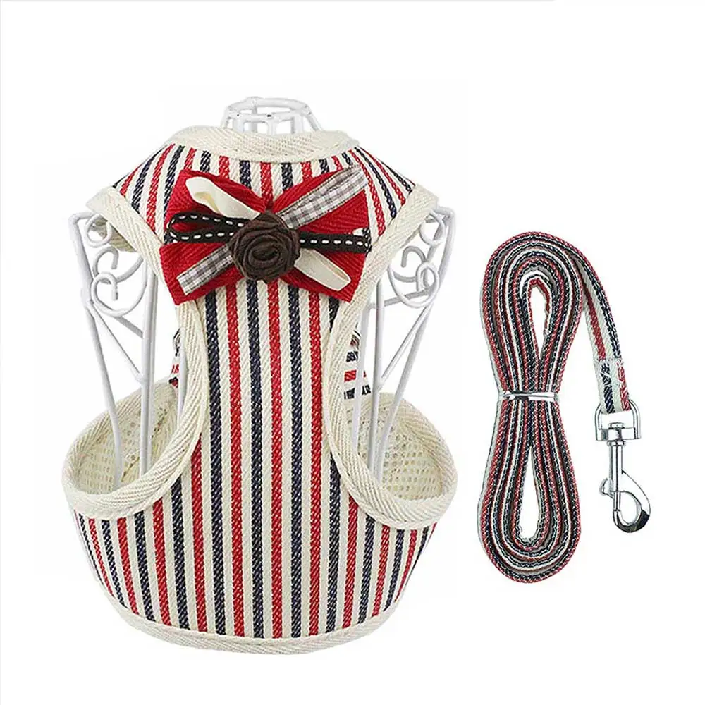 red stripe Harness Поводок для собак, кошек, поводок, мягкая сетка, для питомцев, для щенков, набор с колокольчиком, милый кружевной жилет для питомцев, для маленьких и средних собак, чихуахуа, Йоркцев, Тедди, Xs-XL - Цвет: red stripe Harness