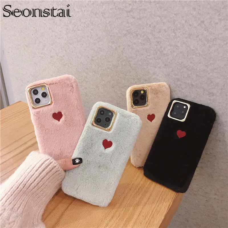 Милый плюшевый теплый мягкий меховой чехол с 3D вышивкой в виде сердца для iphone 11Pro