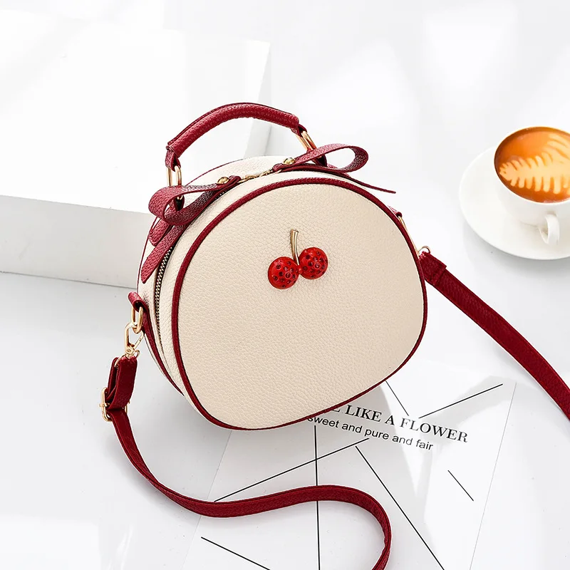 

2020 new cute cherry small shoulder bag ladies embossed leather round messenger bag women fashion mini black messenger bag