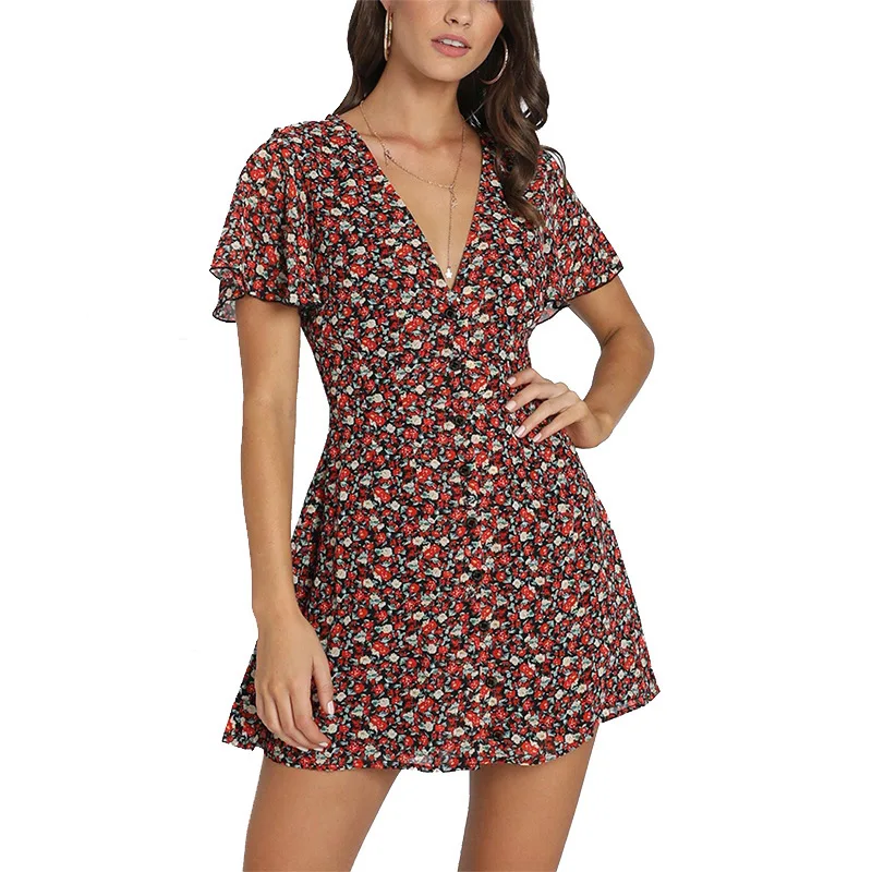 

New Sexy Deep V Neck Floral Dress Summer 2020 Flare Short Sleeve Boho Beach Mini Dresses Single Breasted Chiffon A Line Clothing