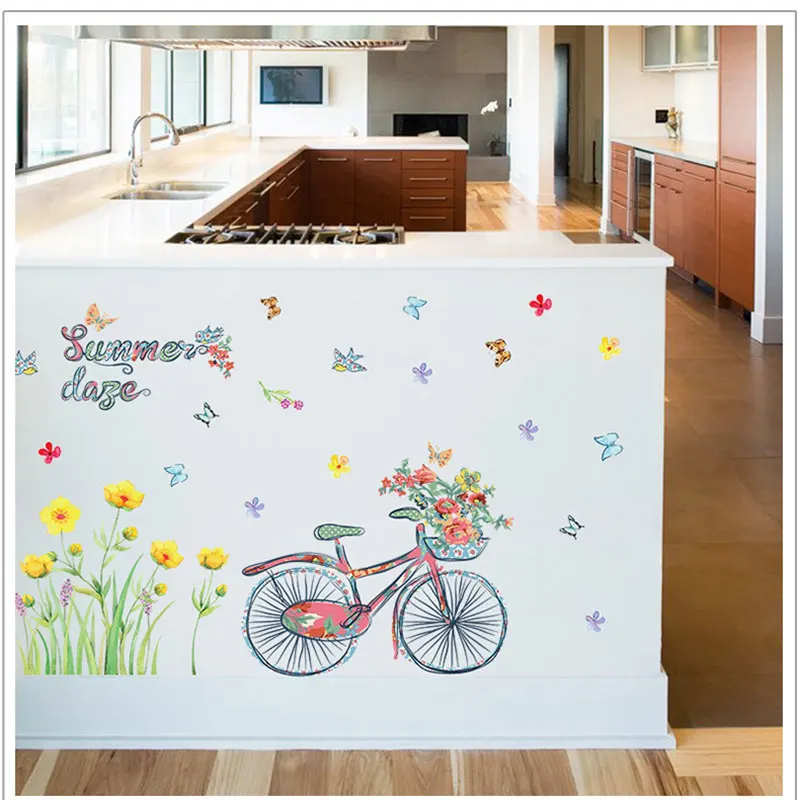 Пасторальный стиль желтые цветы и велосипед летние настенные наклейки для