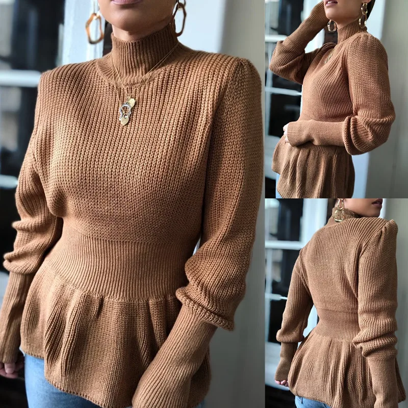 

Women's Brown Autumn and Winter Knitted Tops Solid Color Turtleneck Pullover Waist Sweater Casual Self-cultivation Daily Style