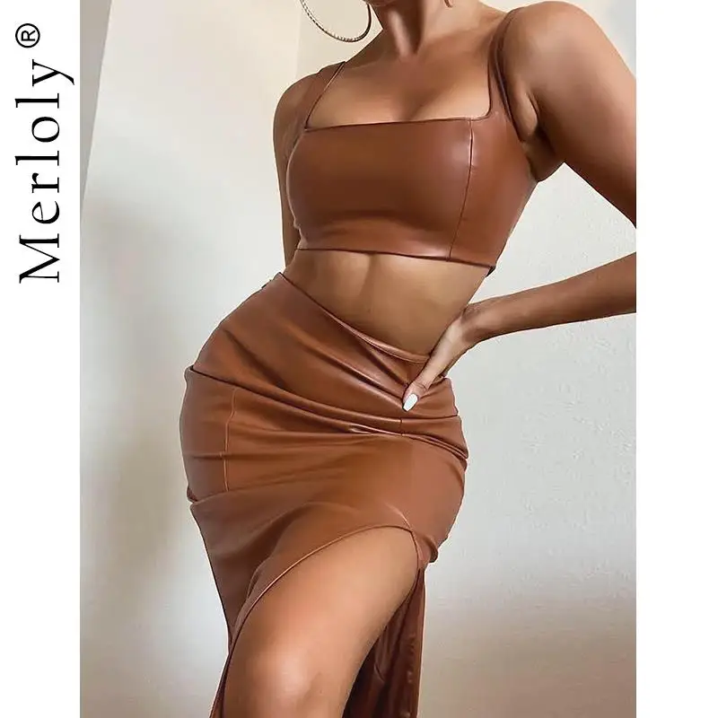 

Женский комплект из двух предметов из искусственной кожи, сексуальный корсет, майка, топ с высокой талией и разрезом, осень 2021, готические ко...