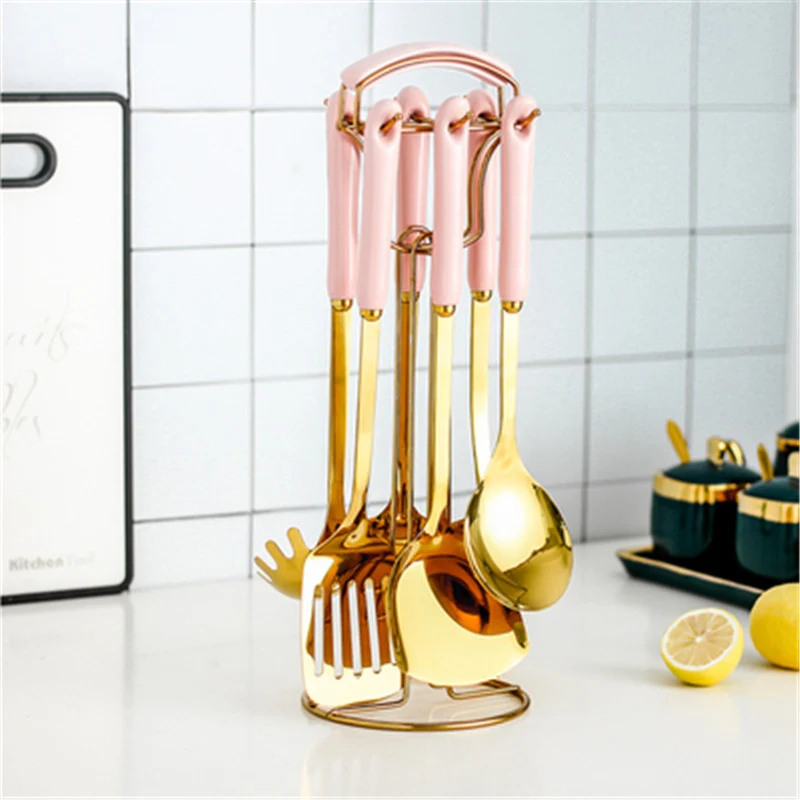 Ceramic Anti-hot Handle Kitchenware Luxury Food Shovel Set Of 7 Pieces Ins Cooking Scoop Colander Golden Series noodle strainer | Дом и сад