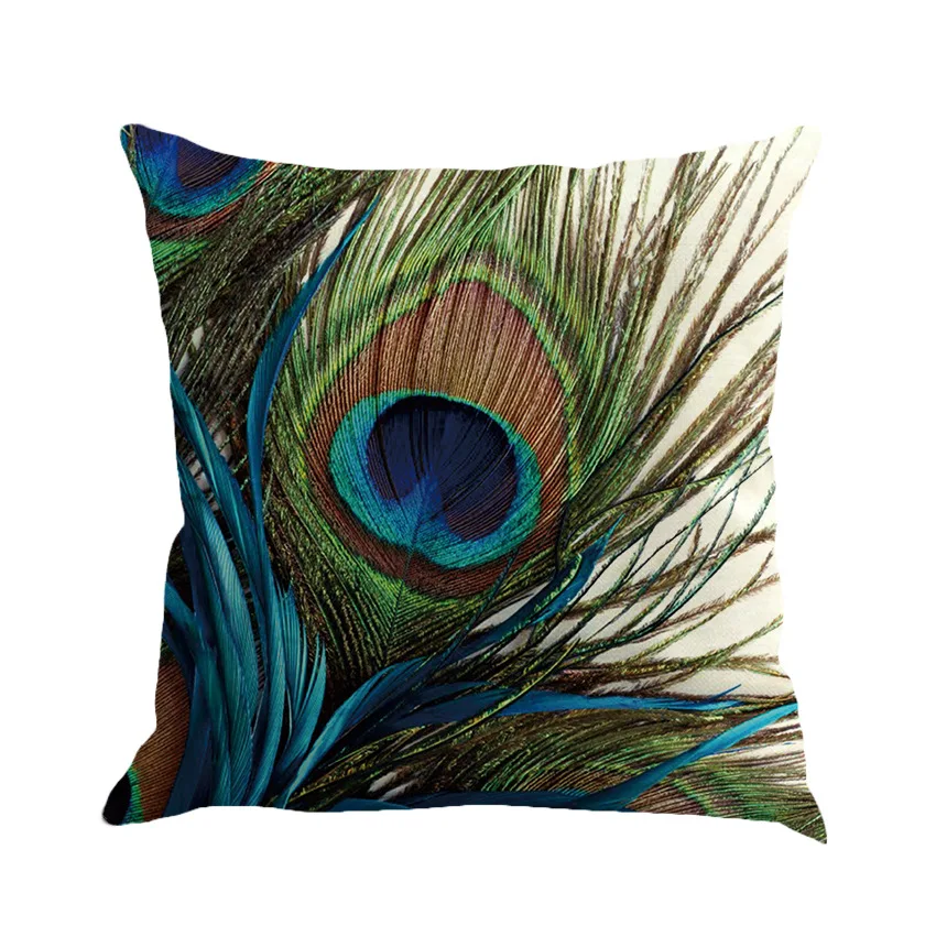 Персиковый декоративный чехол для подушки с изображением павлиньих перьев