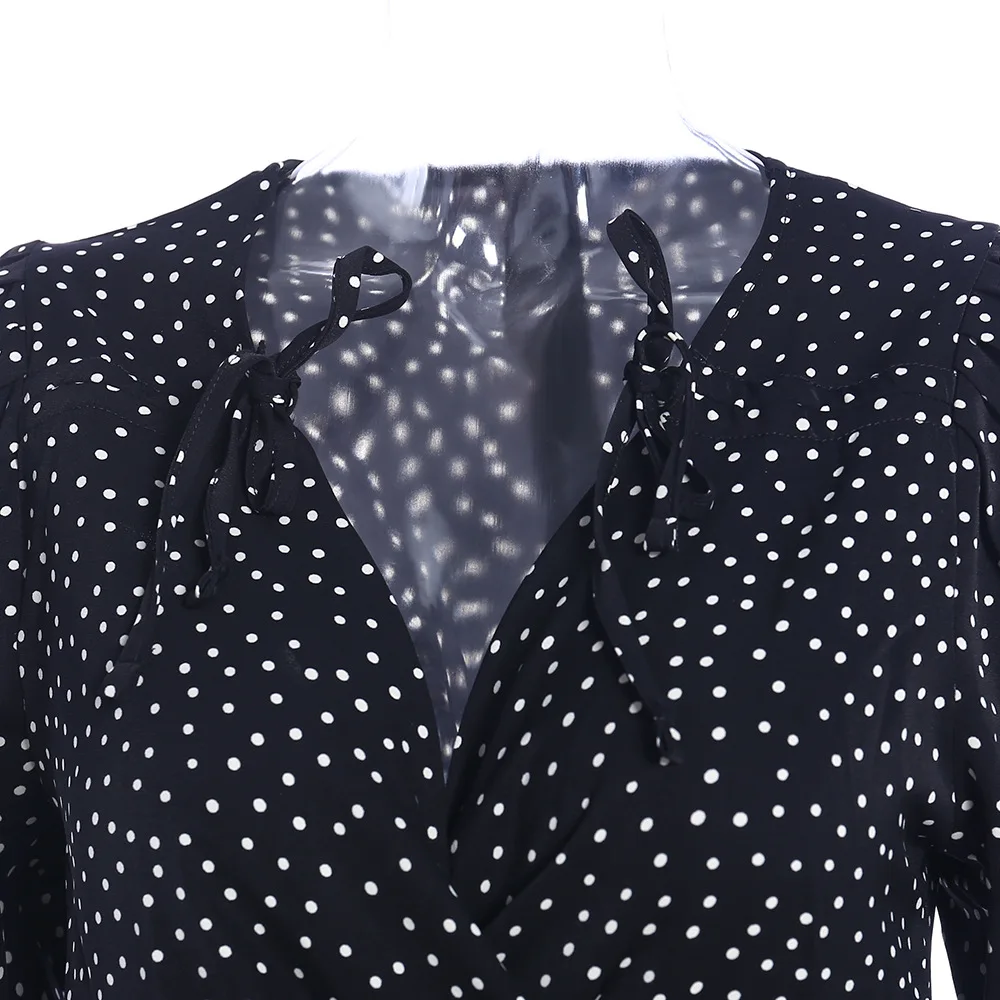 

Sexy Bodycon Mini Dress Polka Dot Print Long Puff Sleeve V-Neck Lace-Up Irregular Dresses Clothes Party Vestidos Women Spring