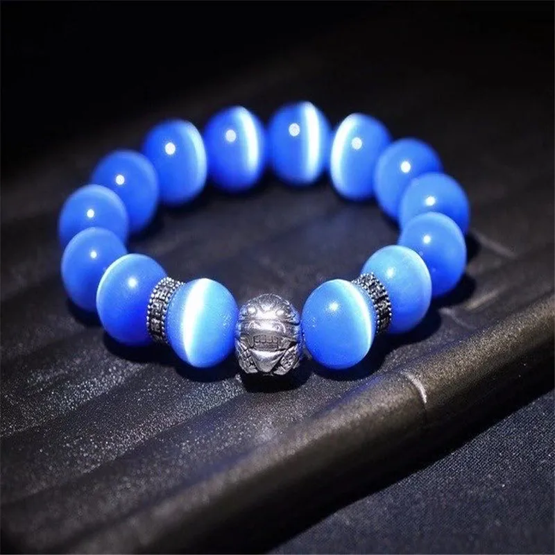 Браслет кошачий глаз из натурального камня розового и голубого цвета эластичный