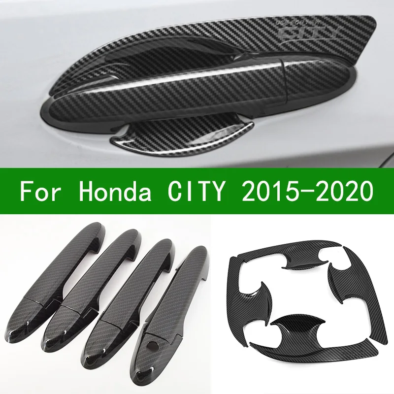 For Honda CITY 2015-2020 Black Carbon Fiber pattern car Door handle bowl Cover Bezel Trim 2016 2017 2018 2019 | Автомобили и