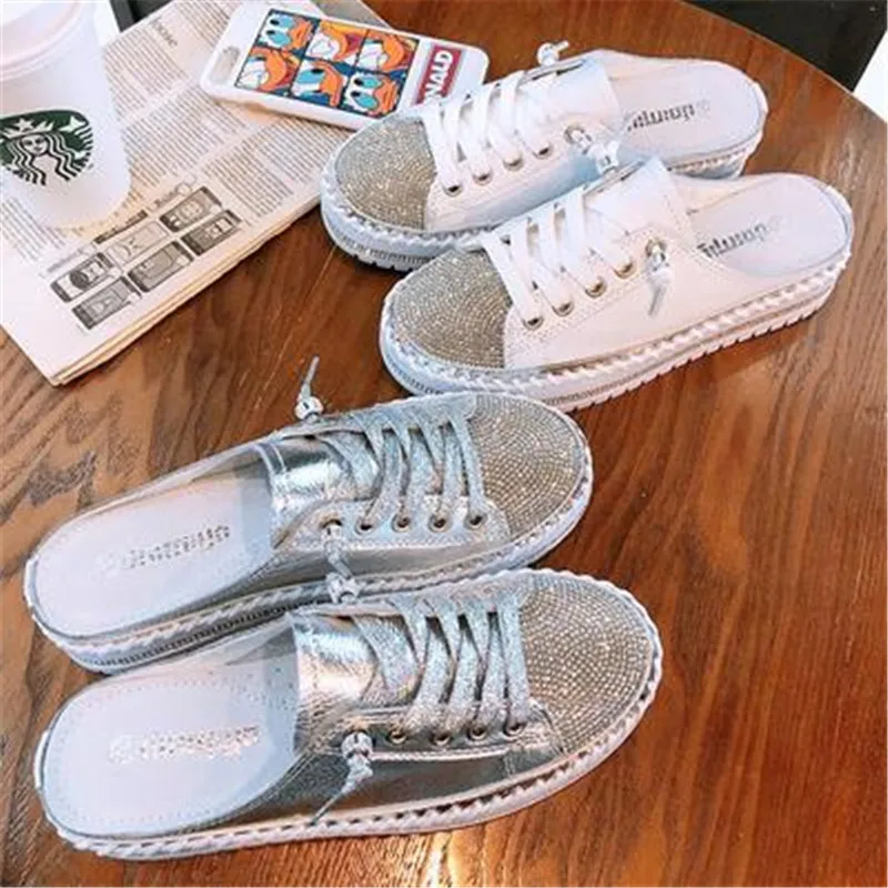 

New Brand High Quality Women Half Slippers Rhinestone Platform Mixed Colors Fashion Women Vulcanized Shoes Casual Designer Shoes