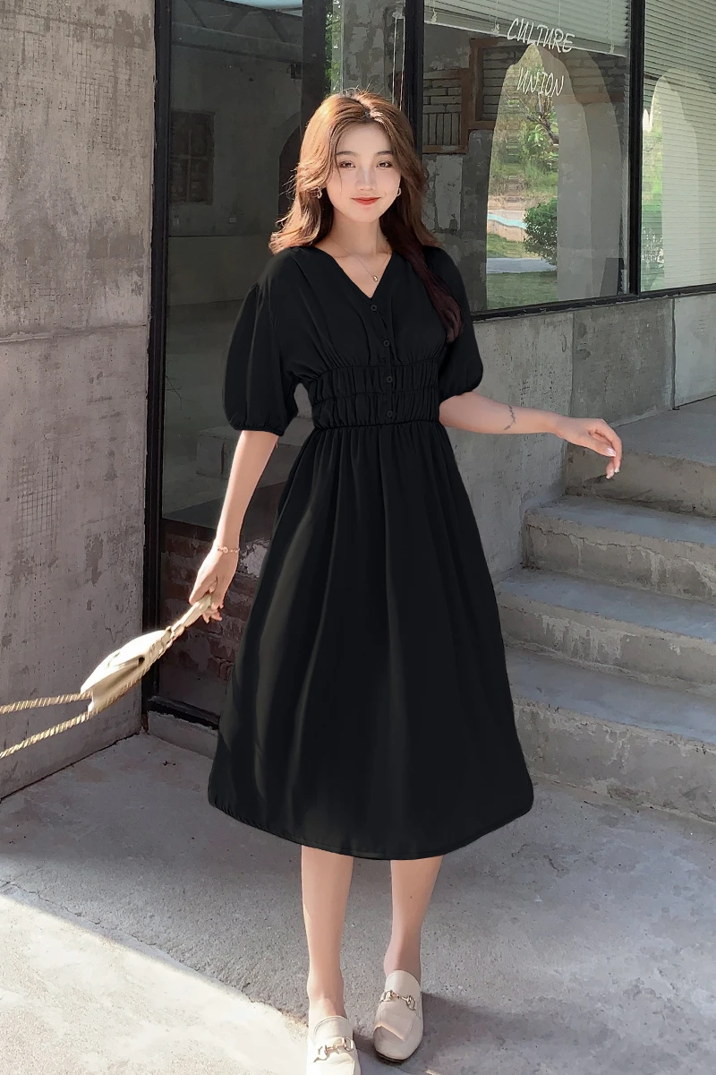 

Spring, summer, the new short sleeve ruffle accept waist v-neck dress female temperament show thin solid color joker long skirt