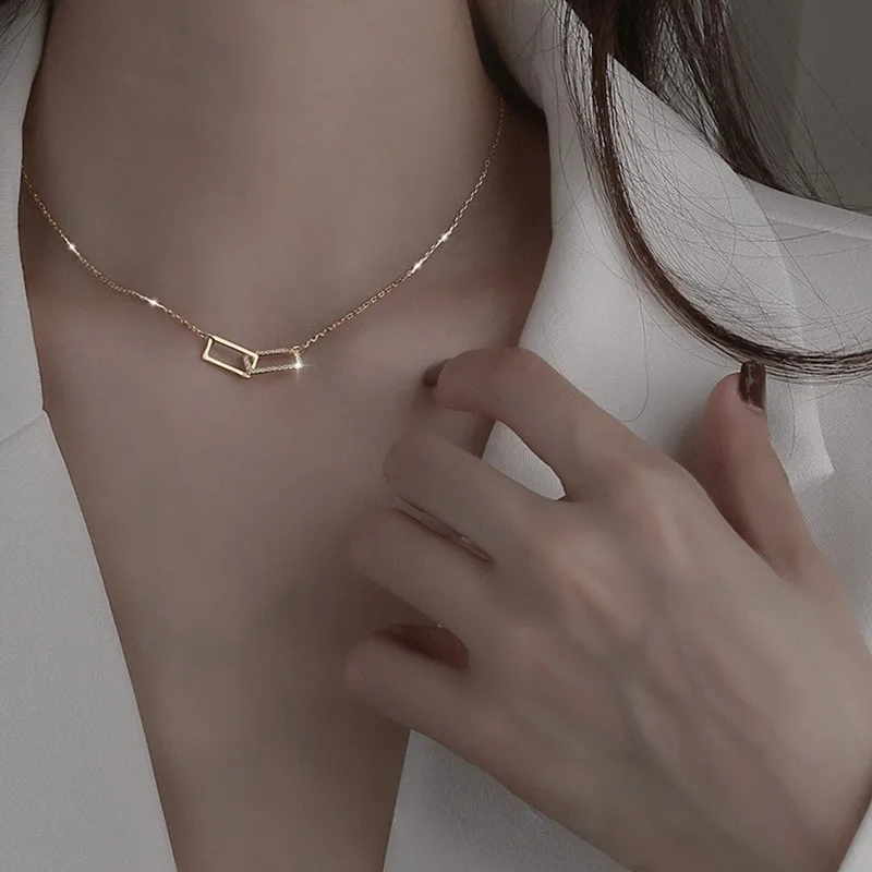 

Simple Double Ring Universal Necklace For Women Collar Ornaments Personality Temperament Female Square Clavicle Chain Ornaments