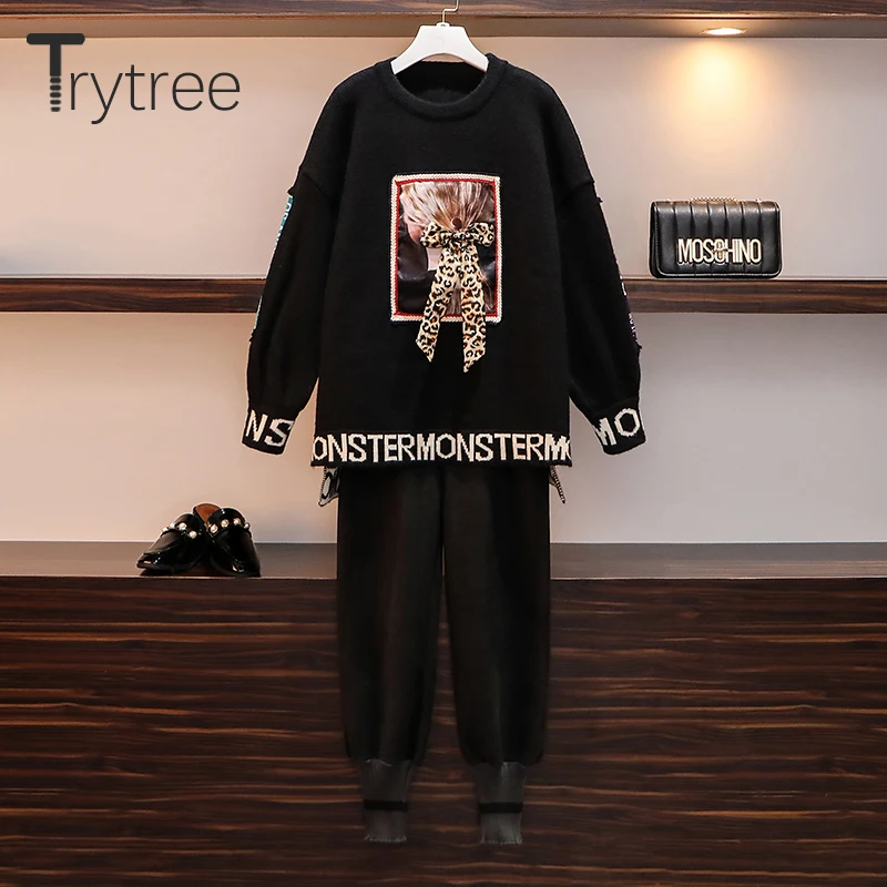 Trytree 2019 осенне зимний комплект из двух предметов Повседневный свитер с круглым