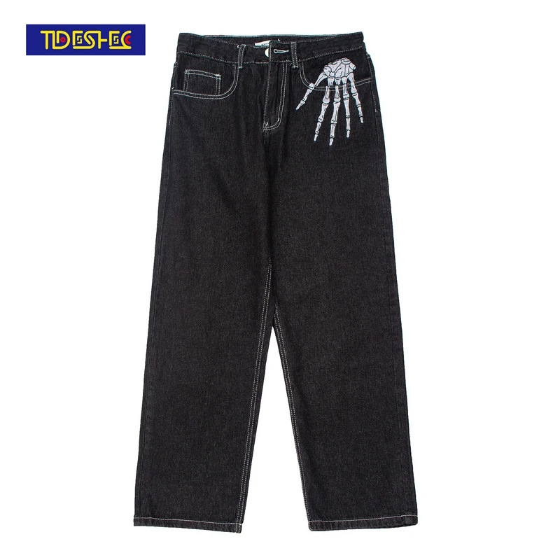 

TIDESHEC 2021 Male Jeans Bone Print Denim Jeans Fashion Streetwear Oversized Jeans Punk Clothes Baggie Jeans Men Clothing