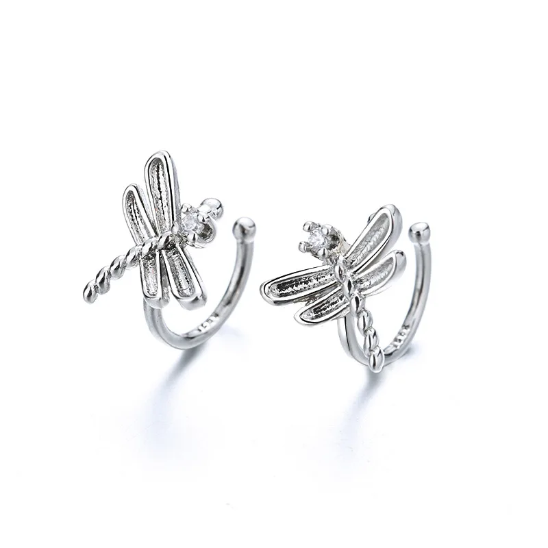 

Mini Creative Design Silver Dragonfly Stud Earring 925 Cute Animal Shiny Zircon Ear Clip Without Ear Hole For Girl Women Gift