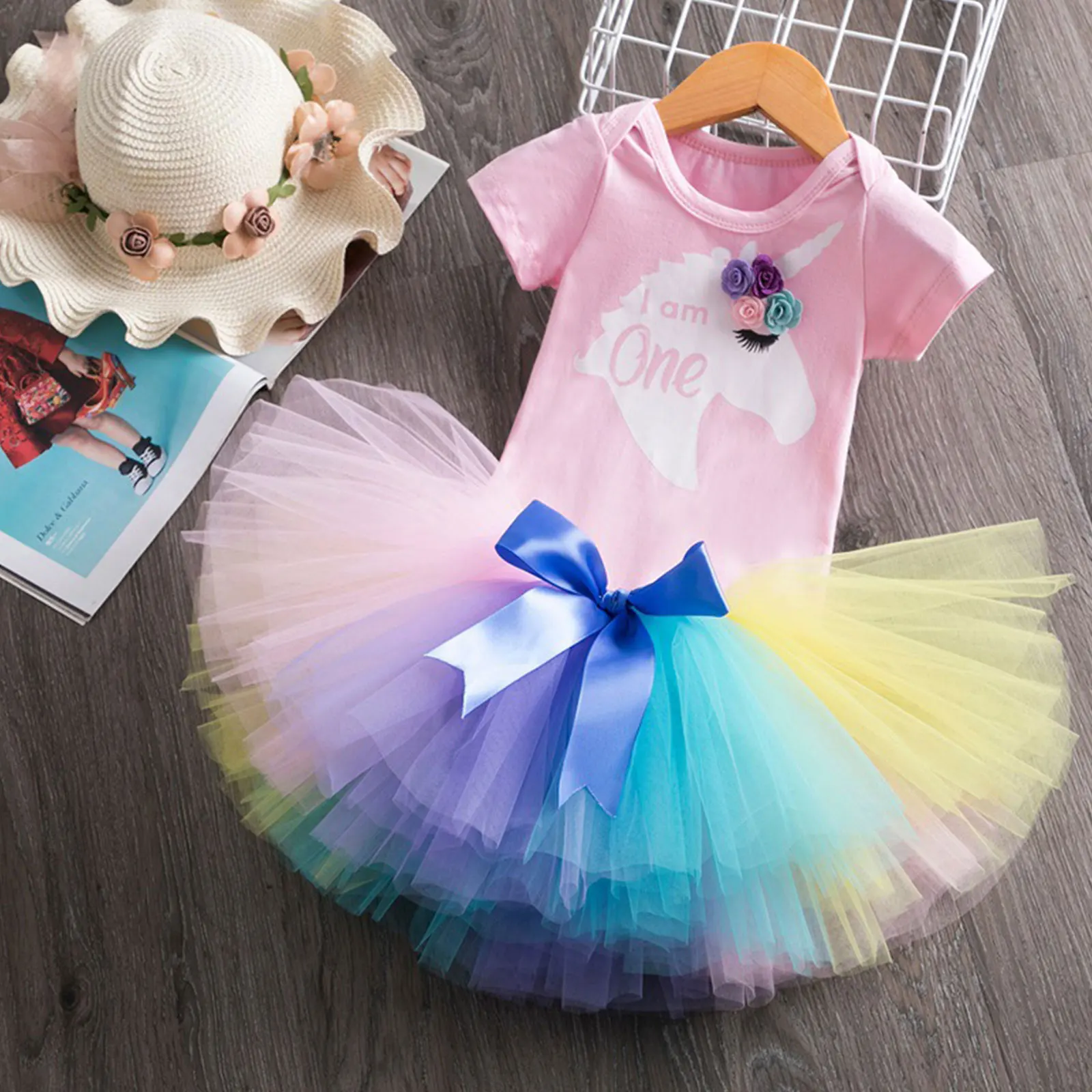 

One Year Baby Girl First 1st Birthday Dress Baptism Romper+Colorful Mesh Tulle Tutu Dress Newborn Baby Christening Clothes Gown