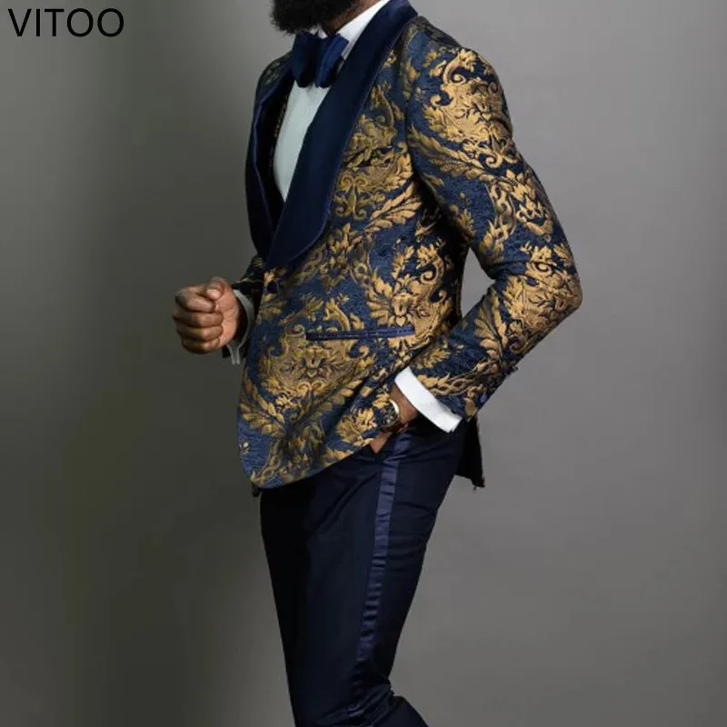 

3 Piece Gold Floral Jacquard Prom Men Suits Blue Shawl Lapel Slim Fit Groom Tuxedo Male Fashion Costume Blazer Vest with Pants