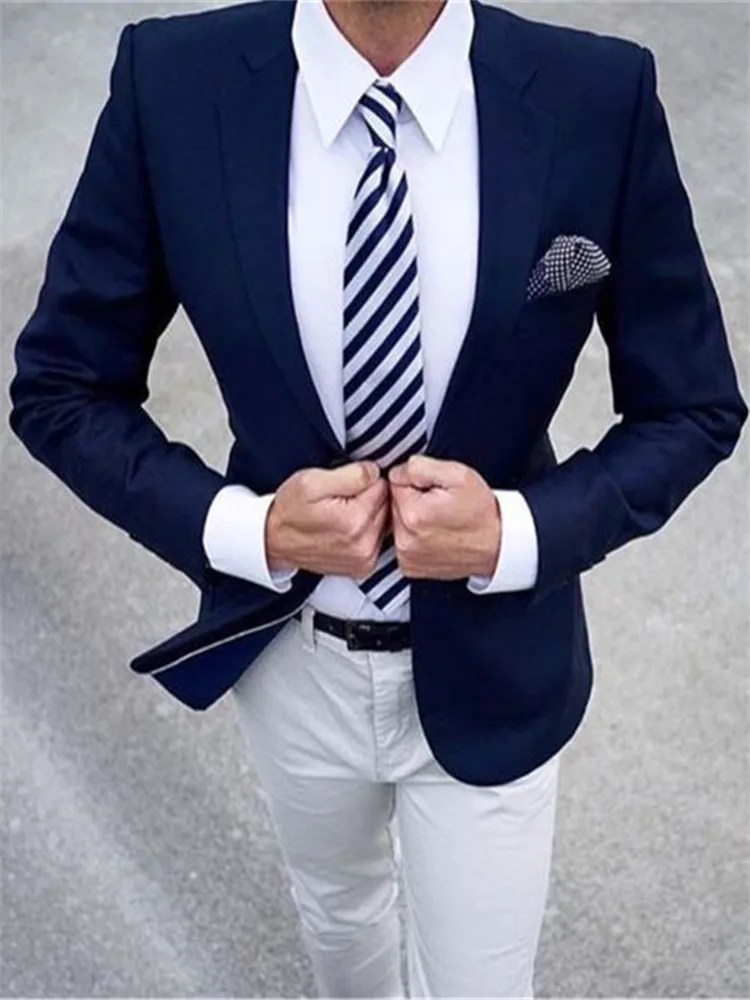 Мужские костюмы (пиджак + брюки) Повседневный стиль синий и белый смокинги для