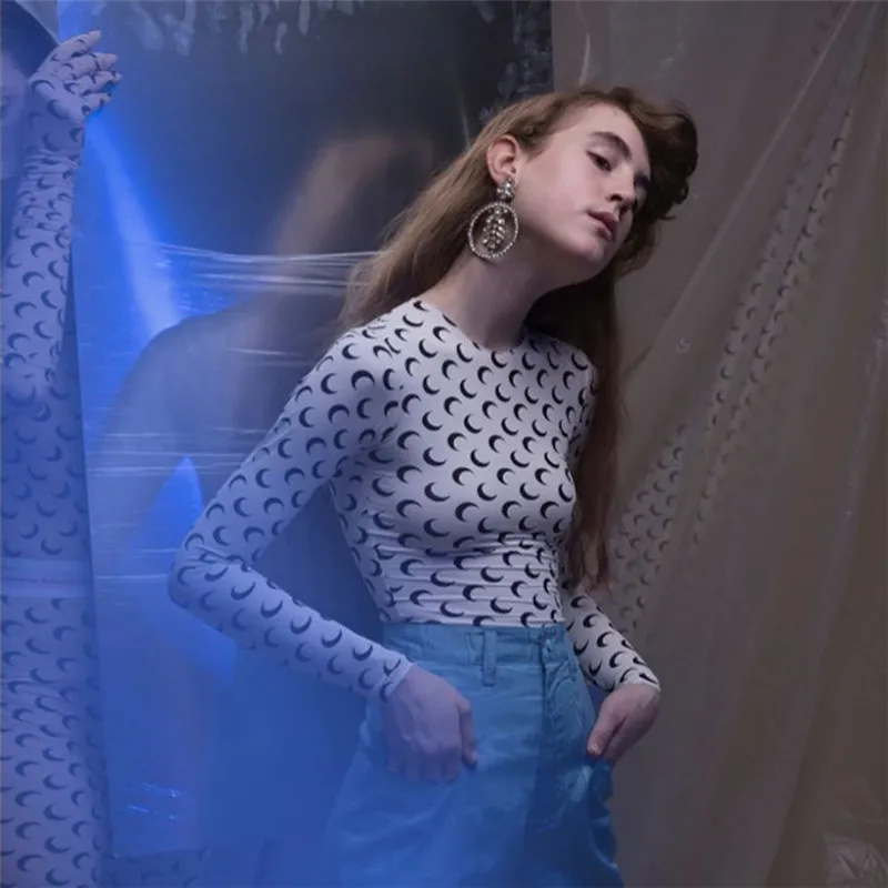 Новинка 2019 женская футболка с принтом Харадзюку длинные рукава приталенные топы