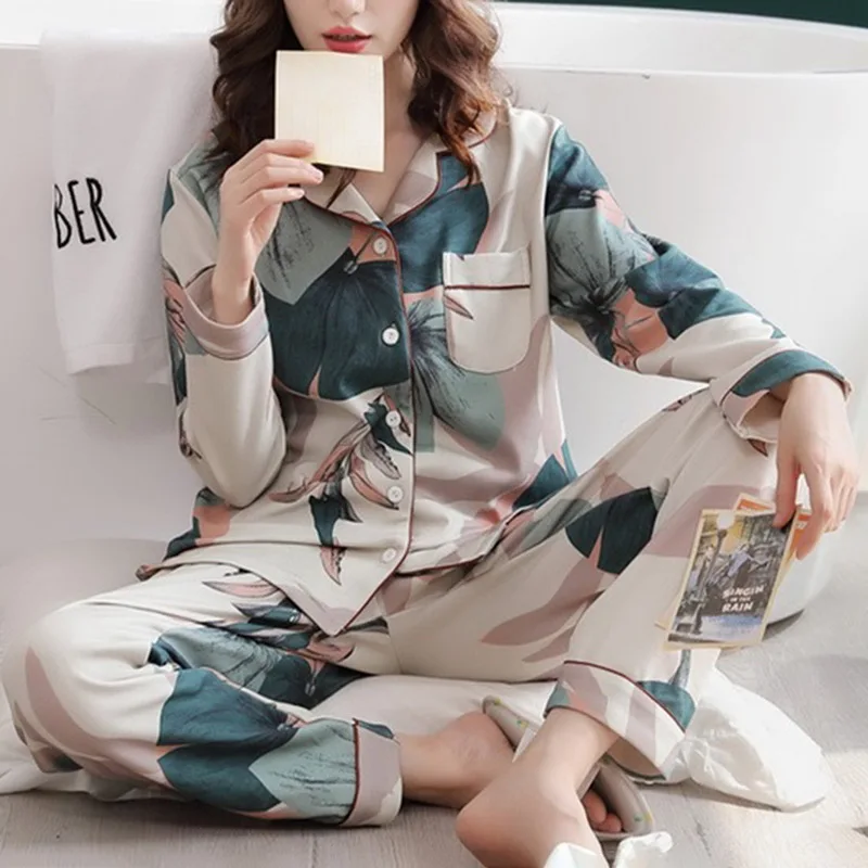Pajamas Set Female Spring and Summer New Style Women's Casual Fold-Down Cardigan Long Sleeve Large Size Cartoon Nightshirt Girl