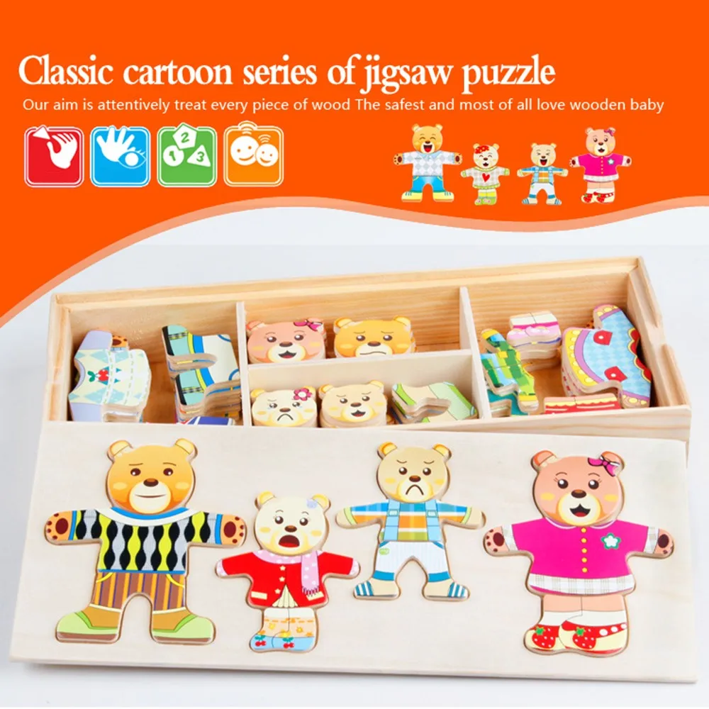 72 шт. мультфильм 3D деревянные головоломки для детей Медведь платье изменение