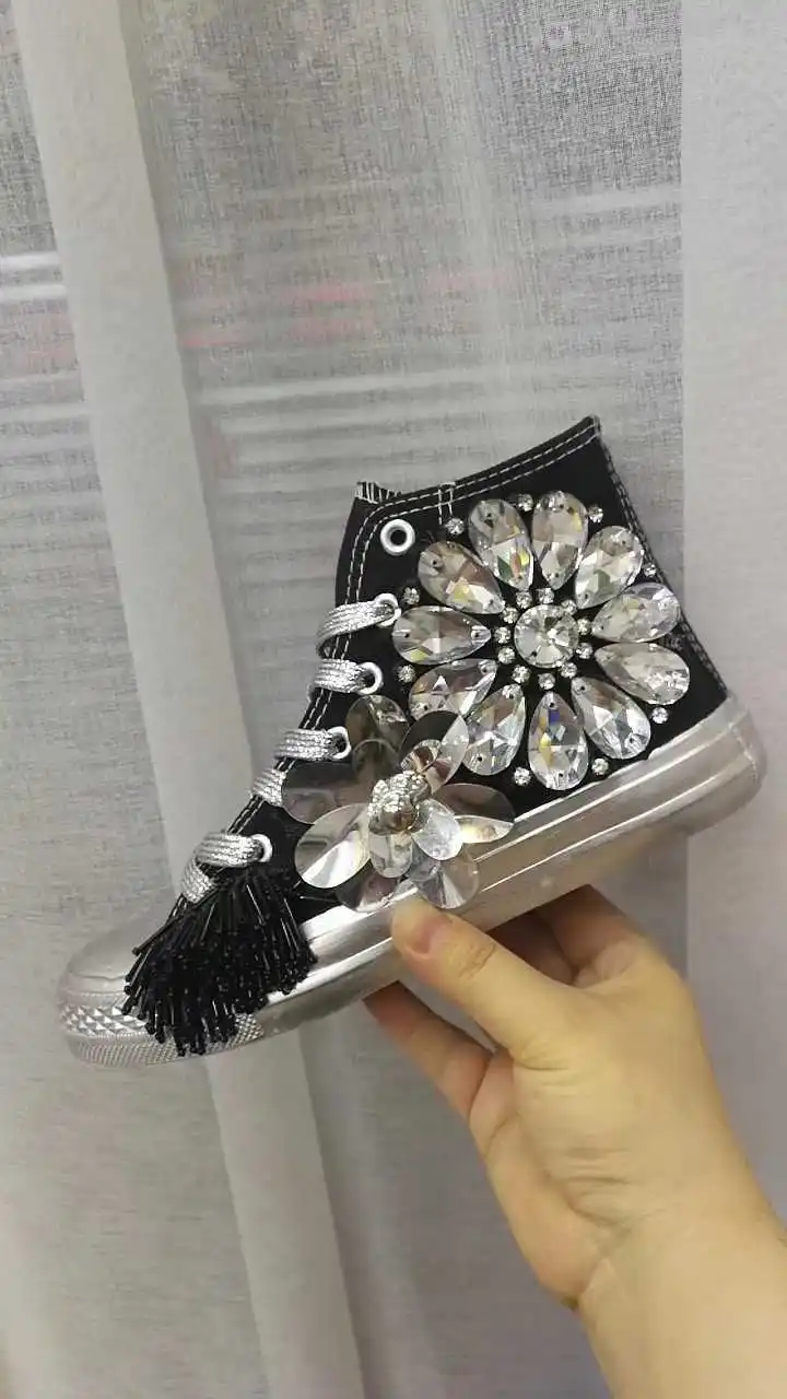 

Spring and Autumn New Women's shoes flat sole high top lace up canvas shoes Rhinestone board shoes craft shoes