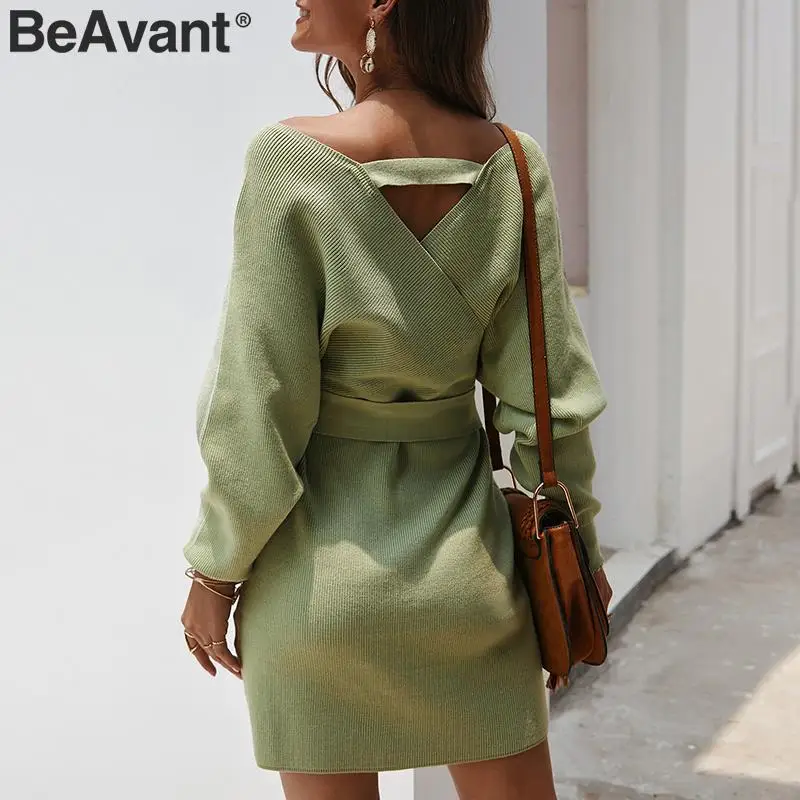 BeAvant сексуальное женское платье-свитер с v-образным вырезом платье высокой талией