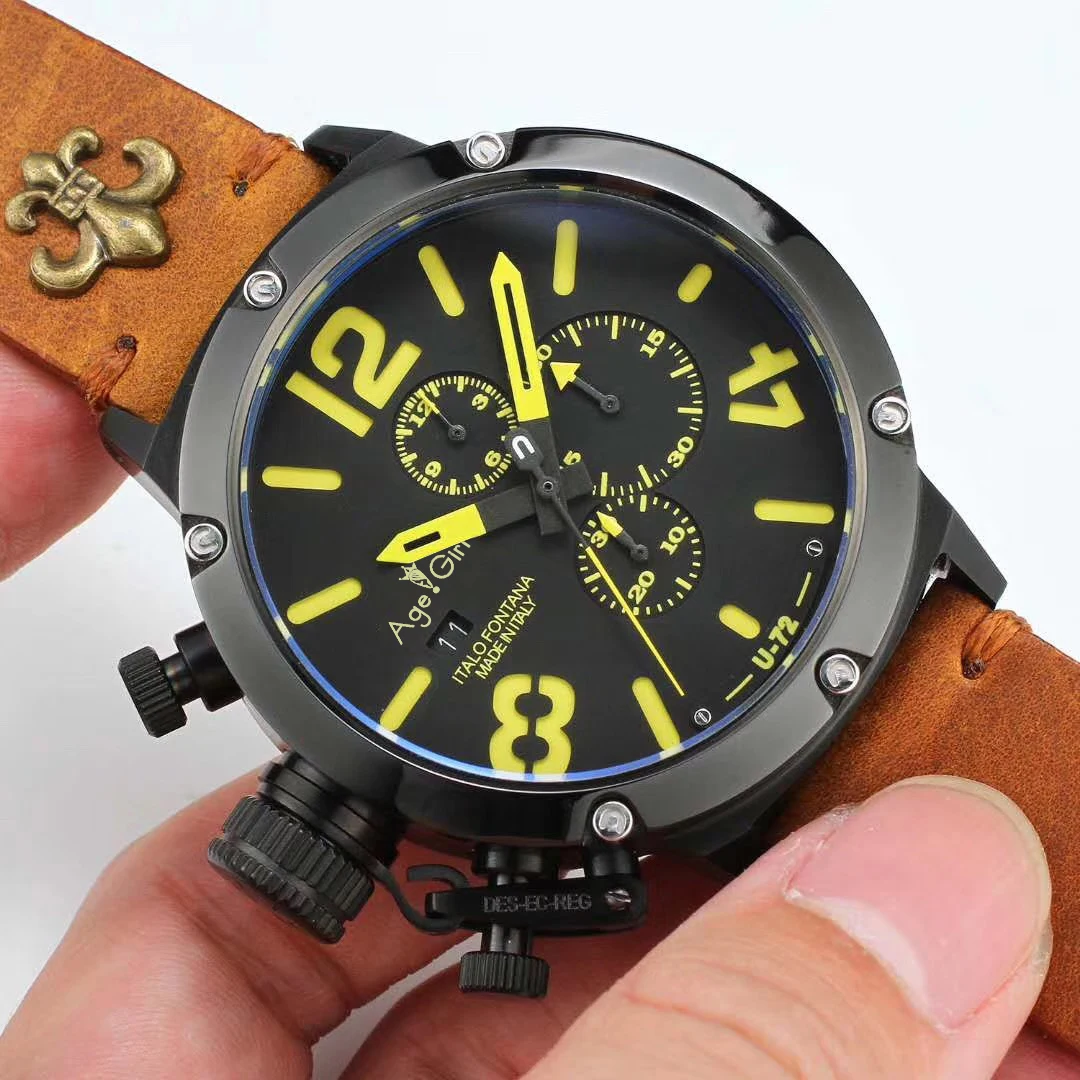 Yellow Brown Совершенно Секундомер-хронограф для мужчин U CHRONOMETER U72 Chimera Состаренный коричневый корова черный корпус кожа лодка часы сапфир Оранжевый Белый - Цвет: Yellow Brown