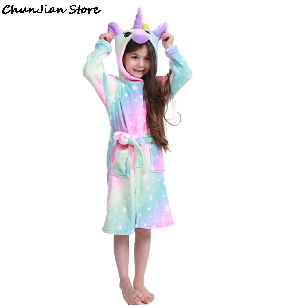 Халат детский зимний с капюшоном пижама изображением единорога для девочек