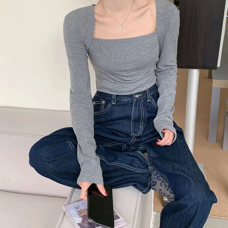 Блузка женская тонкая однотонная элегантная с квадратным воротником топы для