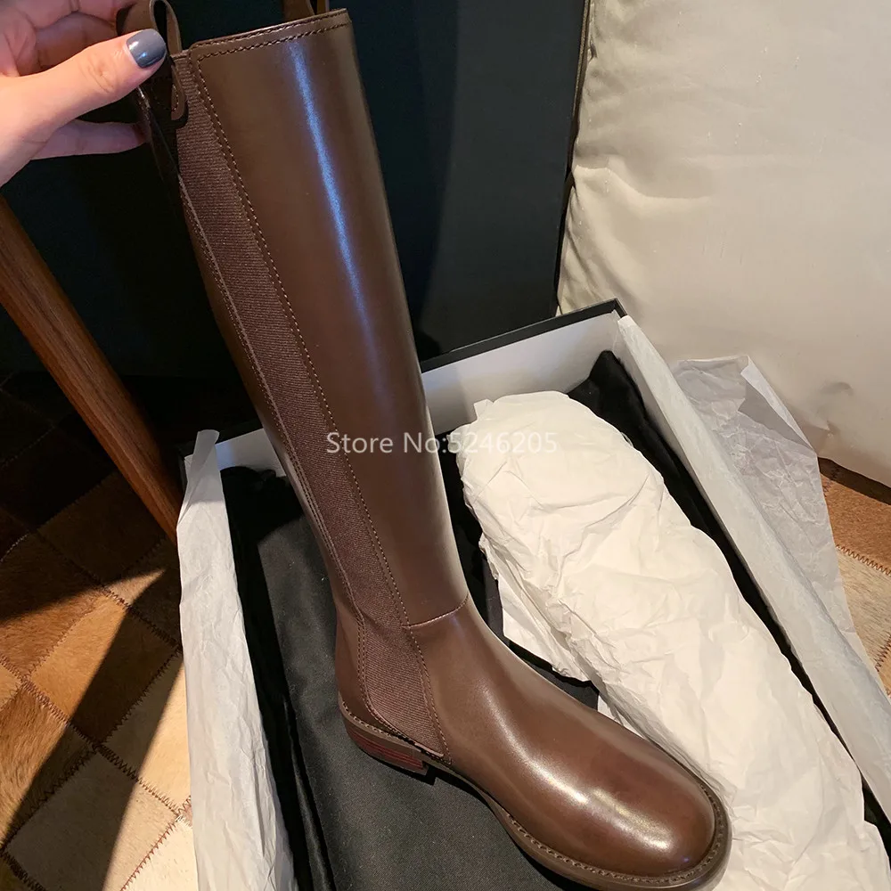 Ботинки женские из мягкой кожи на молнии сзади с круглым носком|Сапоги до колена|