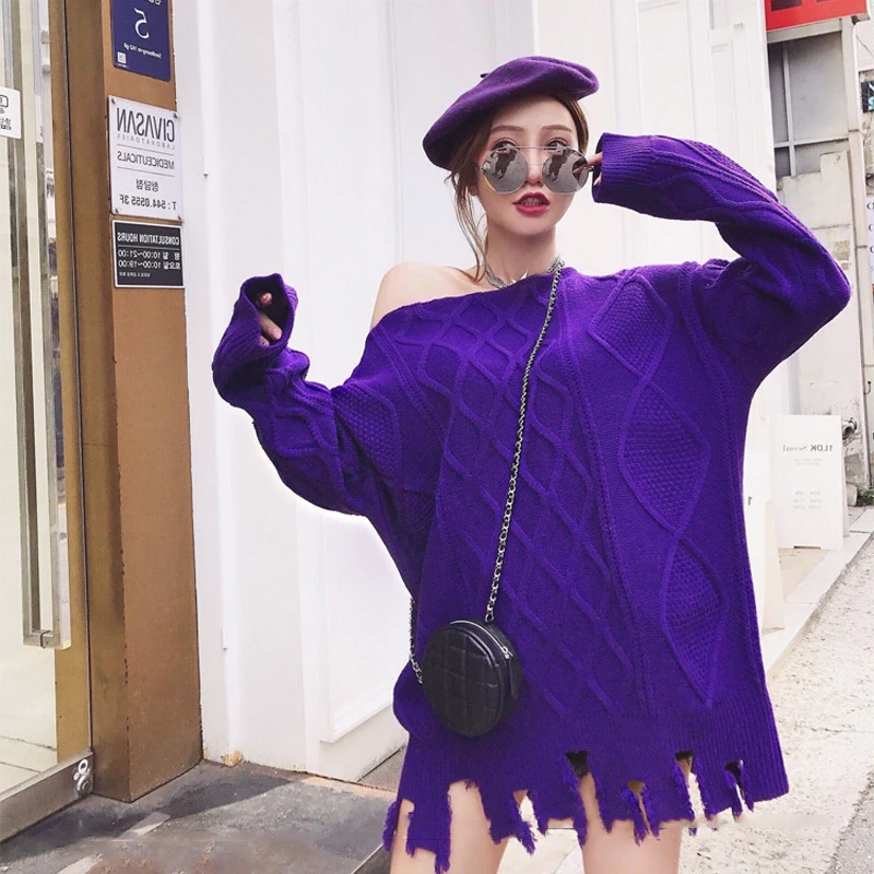 

Ins pullovers in female students with thick loose big yards long hole off-the-shoulder bat sleeve sweater in winter