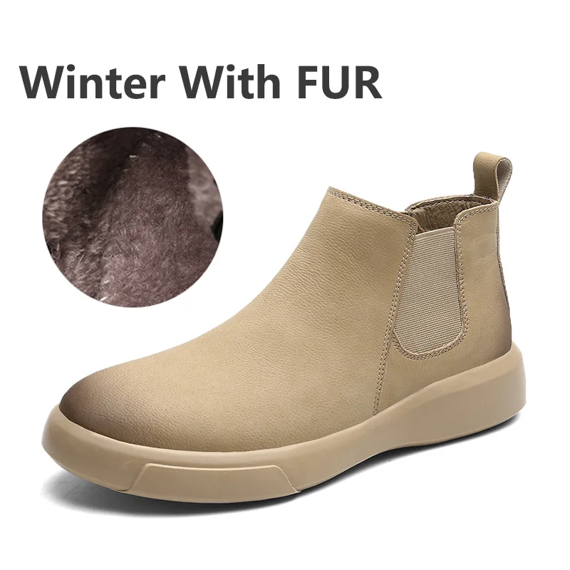 Khaki Fur Модные мужские ботинки в байкерском стиле; кожаная обувь; удобные плюшевые мужские кроссовки; водонепроницаемые зимние ботинки; Ботинки Челси высокого качества; Botas; Цвет Черный - Цвет: Khaki Fur
