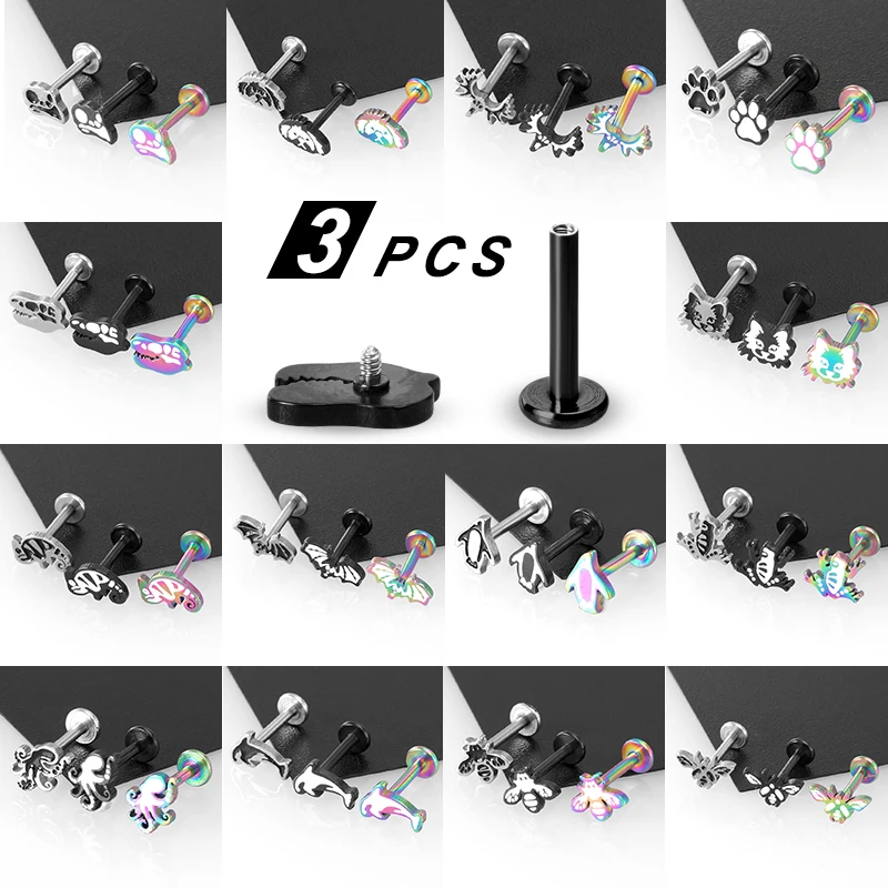

3PCS Colorful 16G Surgical Steel Cartilage Conch Helix Piercing Earring Piercing Labret Lip Rings Stud Monroe Studs Jewelry 8mm
