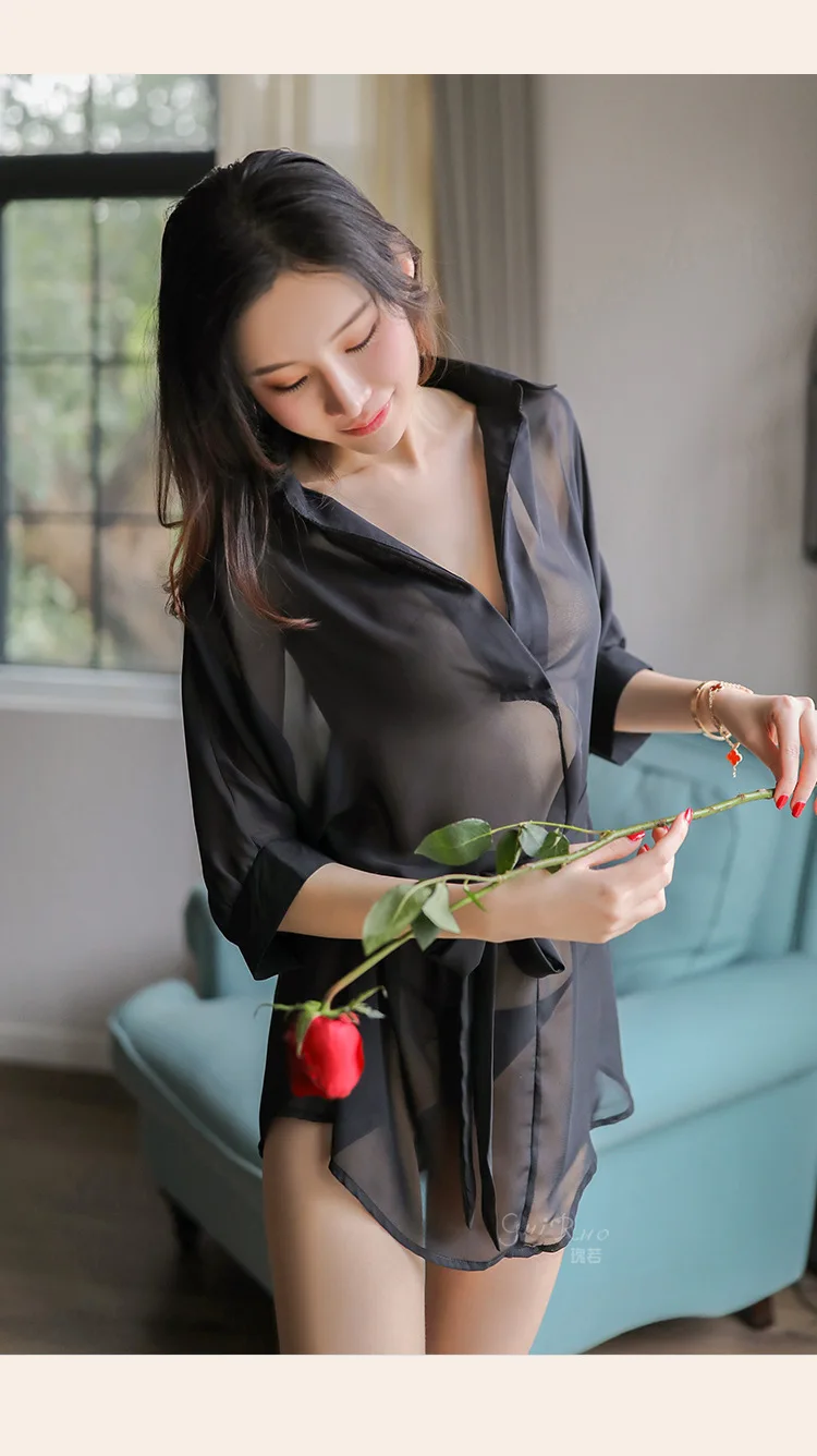 

Sexy Lingerie Korean Style Women Deep V Net Yarn Chiffon Shirt OL Uniform Secretary Shirt Temptation Perspective Boyfriend Shirt