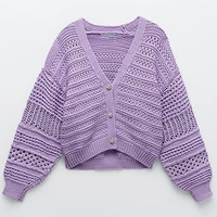 zaahonew new spring autumn women purple knit cardigan sweater puff sleeve pearl button sweaters fashion loose knitted coat top