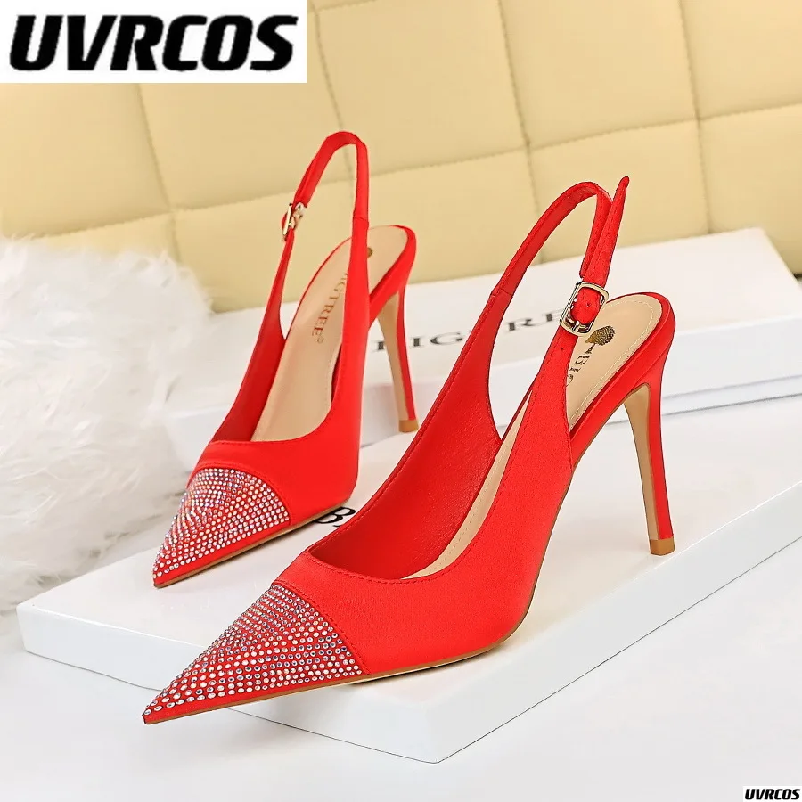 

2022 High-heeled stiletto heel high heel satin shallow mouth after the trip belt hollow pointed rhinestones single shoes bling