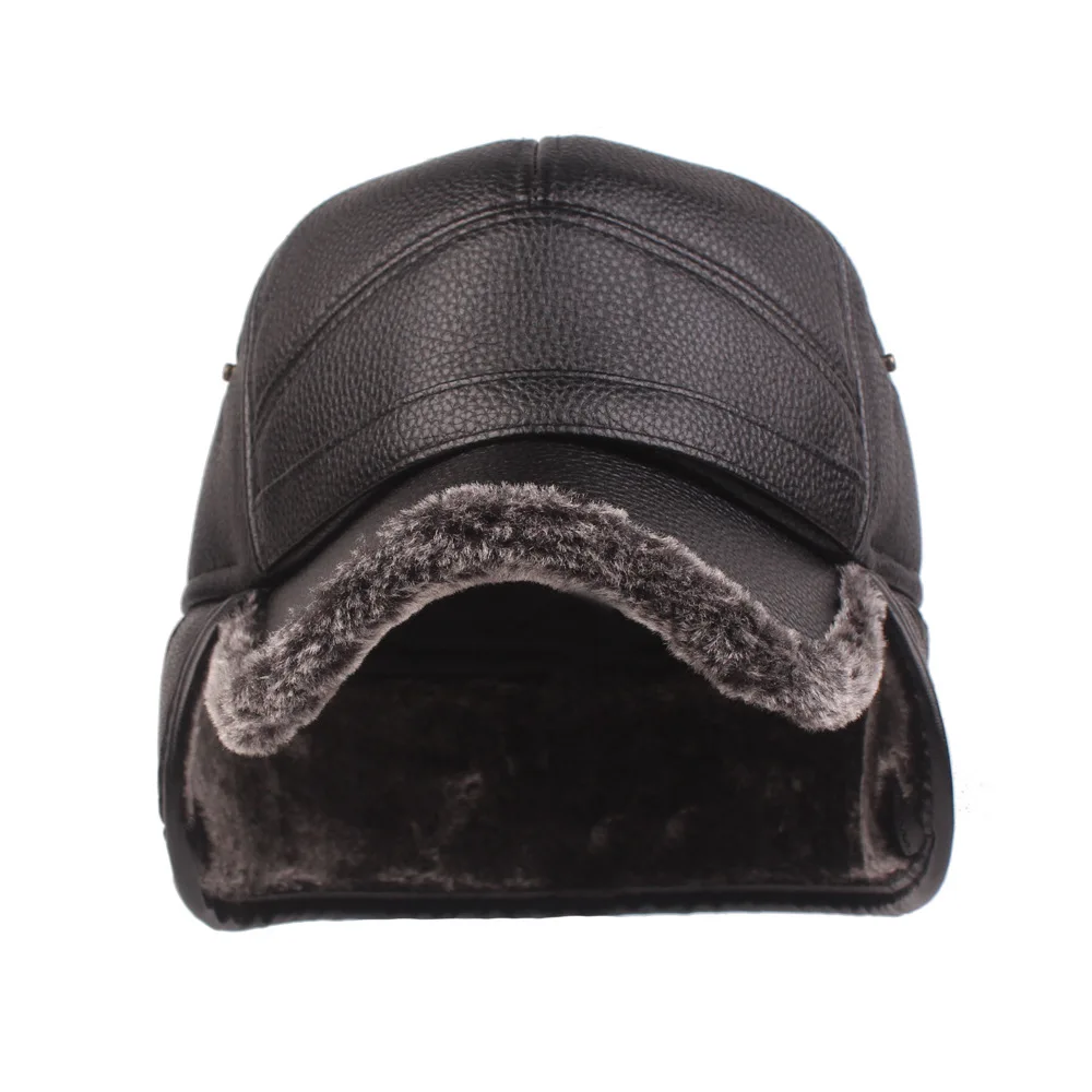 HanXi Winter Men Earflaps Baseball Cap Warm Leather Thicker Snapback Cap Men Father's Hats Ear Faux Fur Protection Casquette