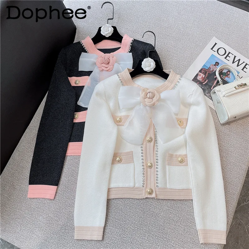 

High Quality Autumn Winter Sweater Coat Fashion Sweet Flower Bow Single Breasted Knitted Cardigan Women O-Neck Sweater Tops Lady